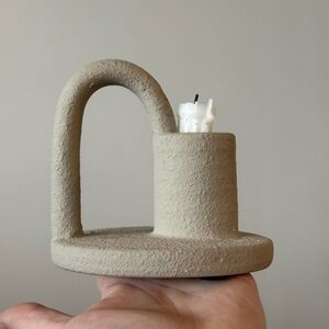 Ceramic Cast Gray Cement Looking Vintage Taper Candle Holder with Handle